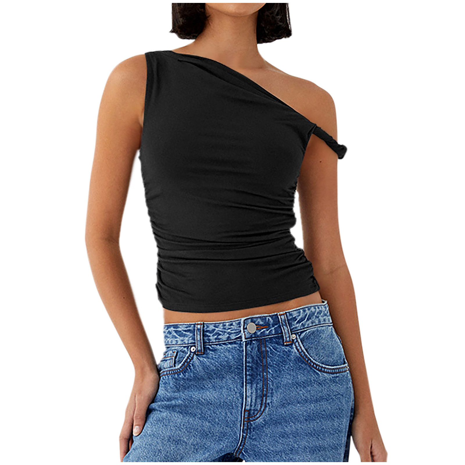 Perfectbot Women's Summer T Shirts Casual Cropped Solid Color One Shoulder Slim Sexy Sleeveless Blouse Top